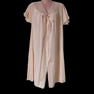 Vintage Rogers Women's Robe Dressing Gown L Pink Nylon w Chiffon Trim Buttons